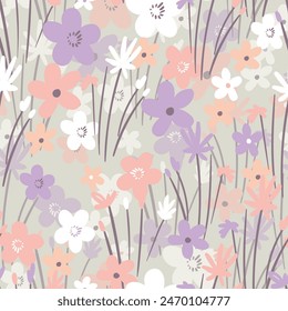 Seamless floral pattern based on traditional folk art ornaments. Colorful flowers on color background. Scandinavian style. Sweden nordic style. Vector illustration. Simple minimalistic pattern.