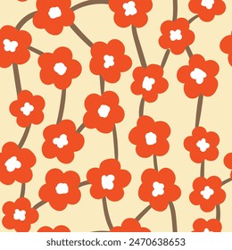 Seamless floral pattern based on traditional folk art ornaments. Colorful flowers on color background. Scandinavian style. Sweden nordic style. Vector illustration. Simple minimalistic pattern.