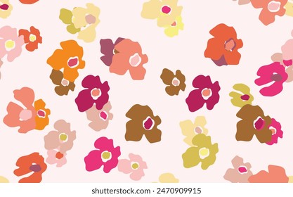 Seamless floral pattern based on traditional folk art ornaments. Colorful flowers on color background. Scandinavian style. Sweden nordic style. Vector illustration. Simple minimalistic pattern.