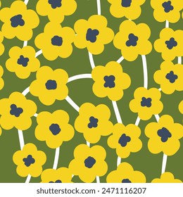 Seamless floral pattern based on traditional folk art ornaments. Colorful flowers on color background. Scandinavian style. Sweden nordic style. Vector illustration. Simple minimalistic pattern.