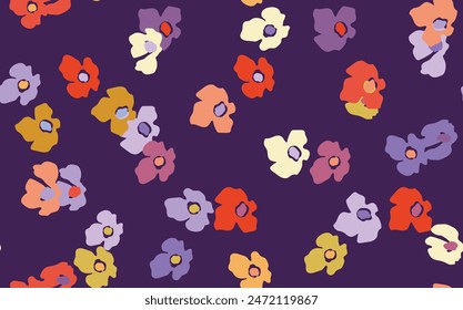 Seamless floral pattern based on traditional folk art ornaments. Colorful flowers on color background. Scandinavian style. Sweden nordic style. Vector illustration. Simple minimalistic pattern.