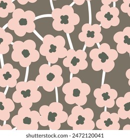 Seamless floral pattern based on traditional folk art ornaments. Colorful flowers on color background. Scandinavian style. Sweden nordic style. Vector illustration. Simple minimalistic pattern.