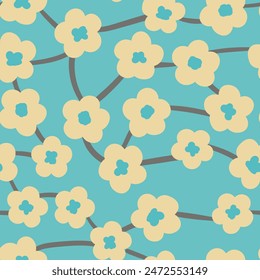 Seamless floral pattern based on traditional folk art ornaments. Colorful flowers on color background. Scandinavian style. Sweden nordic style. Vector illustration. Simple minimalistic pattern.