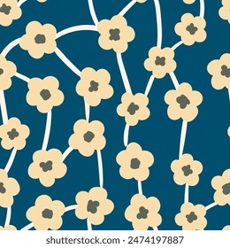 Seamless floral pattern based on traditional folk art ornaments. Colorful flowers on color background. Scandinavian style. Sweden nordic style. Vector illustration. Simple minimalistic pattern.