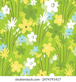 Seamless floral pattern based on traditional folk art ornaments. Colorful flowers on color background. Scandinavian style. Sweden nordic style. Vector illustration. Simple minimalistic pattern.