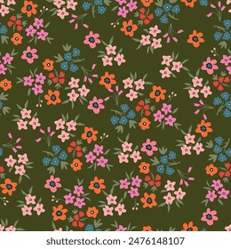 Seamless floral pattern based on traditional folk art ornaments. Colorful flowers on color background. Scandinavian style. Sweden nordic style. Vector illustration. Simple minimalistic pattern