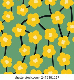 Seamless floral pattern based on traditional folk art ornaments. Colorful flowers on color background. Scandinavian style. Sweden nordic style. Vector illustration. Simple minimalistic pattern.