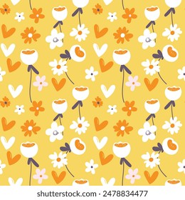 Seamless floral pattern based on traditional folk art ornaments. Colorful flowers on color background. Scandinavian style. Sweden nordic style. Vector illustration. Simple minimalistic pattern.