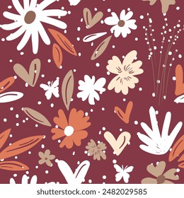 Seamless floral pattern based on traditional folk art ornaments. Colorful flowers on color background. Scandinavian style. Sweden nordic style. Vector illustration. Simple minimalistic pattern.