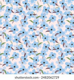 Seamless floral pattern based on traditional folk art ornaments. Colorful flowers on color background. Scandinavian style. Sweden nordic style. Vector illustration. Simple minimalistic pattern.