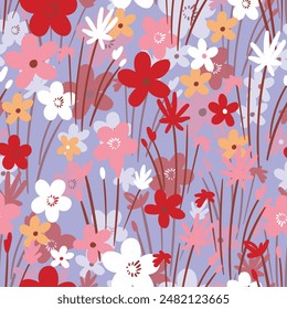 Seamless floral pattern based on traditional folk art ornaments. Colorful flowers on color background. Scandinavian style. Sweden nordic style. Vector illustration. Simple minimalistic pattern.