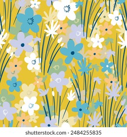 Seamless floral pattern based on traditional folk art ornaments. Colorful flowers on color background. Scandinavian style. Sweden nordic style. Vector illustration. Simple minimalistic pattern.