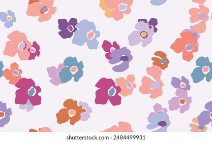 Seamless floral pattern based on traditional folk art ornaments. Colorful flowers on color background. Scandinavian style. Sweden nordic style. Vector illustration. Simple minimalistic pattern.