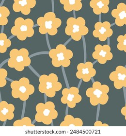 Seamless floral pattern based on traditional folk art ornaments. Colorful flowers on color background. Scandinavian style. Sweden nordic style. Vector illustration. Simple minimalistic pattern.