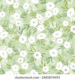 Seamless floral pattern based on traditional folk art ornaments. Colorful flowers on color background. Scandinavian style. Sweden nordic style. Vector illustration. Simple minimalistic pattern.