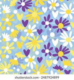 Seamless floral pattern based on traditional folk art ornaments. Colorful flowers on color background. Scandinavian style. Sweden nordic style. Vector illustration. Simple minimalistic pattern.