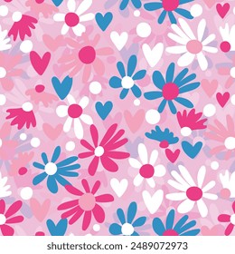 Seamless floral pattern based on traditional folk art ornaments. Colorful flowers on color background. Scandinavian style. Sweden nordic style. Vector illustration. Simple minimalistic pattern.