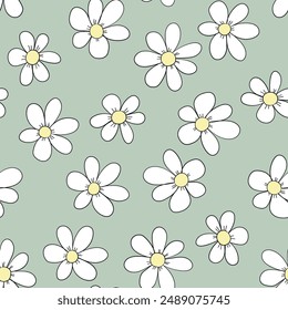 Seamless floral pattern based on traditional folk art ornaments. Colorful chamomile, daisy flowers on color background. Doodle style. Vector illustration. Simple minimalistic pattern.