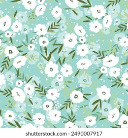 Seamless floral pattern based on traditional folk art ornaments. Colorful flowers on color background. Scandinavian style. Sweden nordic style. Vector illustration. Simple minimalistic pattern.