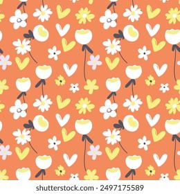 Seamless floral pattern based on traditional folk art ornaments. Colorful flowers on color background. Scandinavian style. Sweden nordic style. Vector illustration. Simple minimalistic pattern.