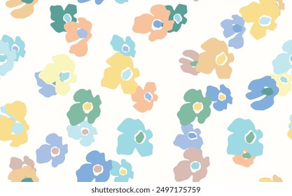 Seamless floral pattern based on traditional folk art ornaments. Colorful flowers on color background. Scandinavian style. Sweden nordic style. Vector illustration. Simple minimalistic pattern.