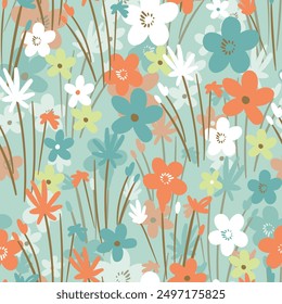 Seamless floral pattern based on traditional folk art ornaments. Colorful flowers on color background. Scandinavian style. Sweden nordic style. Vector illustration. Simple minimalistic pattern.