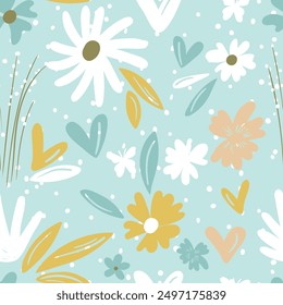 Seamless floral pattern based on traditional folk art ornaments. Colorful flowers on color background. Scandinavian style. Sweden nordic style. Vector illustration. Simple minimalistic pattern.