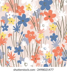 Seamless floral pattern based on traditional folk art ornaments. Colorful flowers on color background. Scandinavian style. Sweden nordic style. Vector illustration. Simple minimalistic pattern.