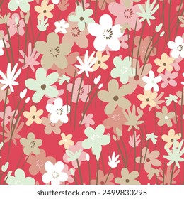 Seamless floral pattern based on traditional folk art ornaments. Colorful flowers on color background. Scandinavian style. Sweden nordic style. Vector illustration. Simple minimalistic pattern.