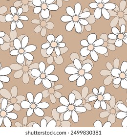 Seamless floral pattern based on traditional folk art ornaments. Colorful chamomile, daisy flowers on color background. Doodle style. Vector illustration. Simple minimalistic pattern.