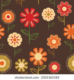 Seamless floral pattern based on traditional folk art ornaments. Colorful flowers on color background. Scandinavian style. Sweden nordic style. Vector illustration. Simple minimalistic pattern.