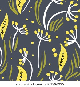 Seamless floral pattern based on traditional folk art ornaments. Colorful flowers on color background. Scandinavian style. Sweden nordic style. Vector illustration. Simple minimalistic pattern.