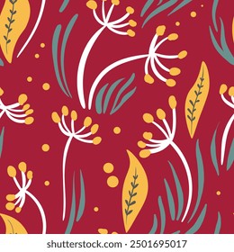 Seamless floral pattern based on traditional folk art ornaments. Colorful flowers on color background. Scandinavian style. Sweden nordic style. Vector illustration. Simple minimalistic pattern.