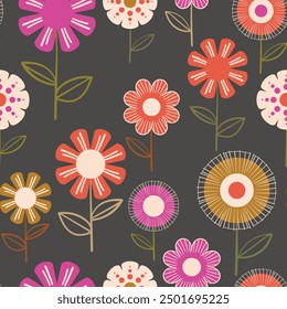 Seamless floral pattern based on traditional folk art ornaments. Colorful flowers on color background. Scandinavian style. Sweden nordic style. Vector illustration. Simple minimalistic pattern.