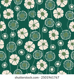 Seamless floral pattern based on traditional folk art ornaments. Colorful flowers on color background. Scandinavian style. Sweden nordic style. Vector illustration. Simple minimalistic pattern.