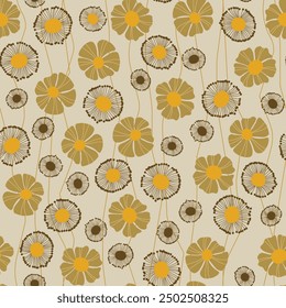 Seamless floral pattern based on traditional folk art ornaments. Colorful flowers on color background. Scandinavian style. Sweden nordic style. Vector illustration. Simple minimalistic pattern.