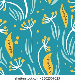 Seamless floral pattern based on traditional folk art ornaments. Colorful flowers on color background. Scandinavian style. Sweden nordic style. Vector illustration. Simple minimalistic pattern.