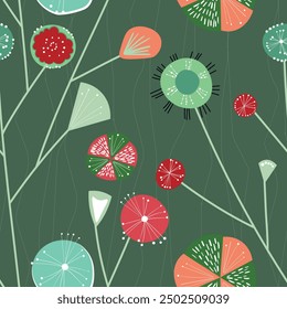 Seamless floral pattern based on traditional folk art ornaments. Colorful flowers on color background. Scandinavian style. Sweden nordic style. Vector illustration. Simple minimalistic pattern.