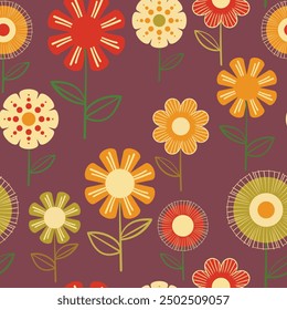 Seamless floral pattern based on traditional folk art ornaments. Colorful flowers on color background. Scandinavian style. Sweden nordic style. Vector illustration. Simple minimalistic pattern.