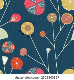 Seamless floral pattern based on traditional folk art ornaments. Colorful flowers on color background. Scandinavian style. Sweden nordic style. Vector illustration. Simple minimalistic pattern.