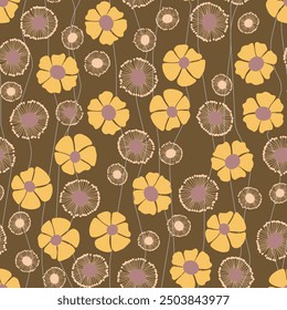 Seamless floral pattern based on traditional folk art ornaments. Colorful flowers on color background. Scandinavian style. Sweden nordic style. Vector illustration. Simple minimalistic pattern.