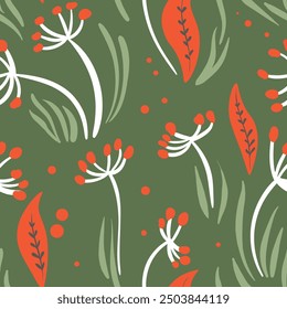 Seamless floral pattern based on traditional folk art ornaments. Colorful flowers on color background. Scandinavian style. Sweden nordic style. Vector illustration. Simple minimalistic pattern.