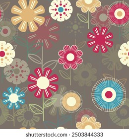 Seamless floral pattern based on traditional folk art ornaments. Colorful flowers on color background. Scandinavian style. Sweden nordic style. Vector illustration. Simple minimalistic pattern.