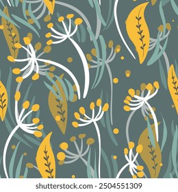 Seamless floral pattern based on traditional folk art ornaments. Colorful flowers on color background. Scandinavian style. Sweden nordic style. Vector illustration. Simple minimalistic pattern.