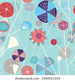 Seamless floral pattern based on traditional folk art ornaments. Colorful flowers on color background. Scandinavian style. Sweden nordic style. Vector illustration. Simple minimalistic pattern.