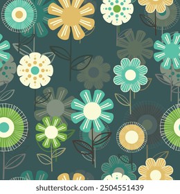 Seamless floral pattern based on traditional folk art ornaments. Colorful flowers on color background. Scandinavian style. Sweden nordic style. Vector illustration. Simple minimalistic pattern.