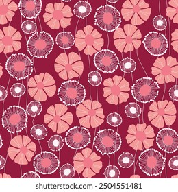 Seamless floral pattern based on traditional folk art ornaments. Colorful flowers on color background. Scandinavian style. Sweden nordic style. Vector illustration. Simple minimalistic pattern.