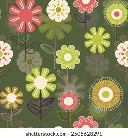 Seamless floral pattern based on traditional folk art ornaments. Colorful flowers on color background. Scandinavian style. Sweden nordic style. Vector illustration. Simple minimalistic pattern.