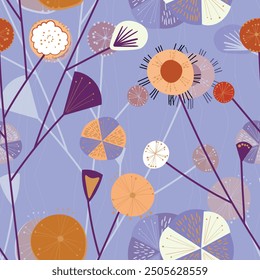 Seamless floral pattern based on traditional folk art ornaments. Colorful flowers on color background. Scandinavian style. Sweden nordic style. Vector illustration. Simple minimalistic pattern.