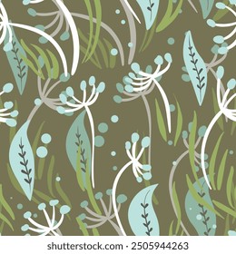 Seamless floral pattern based on traditional folk art ornaments. Colorful flowers on color background. Scandinavian style. Sweden nordic style. Vector illustration. Simple minimalistic pattern.